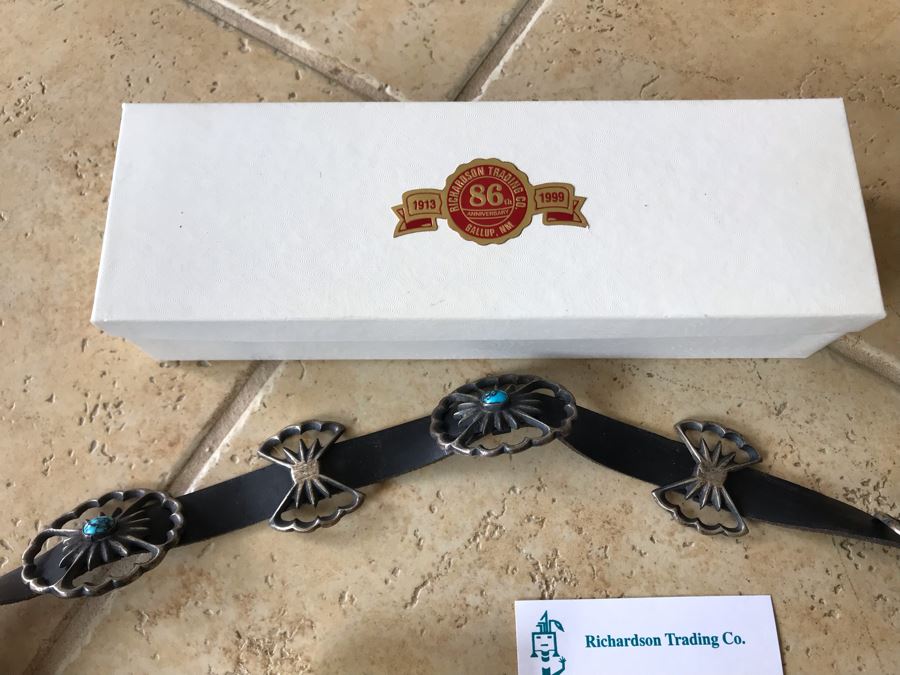 JUST ADDED - Native American Turquoise Silver Concho Belt Purchased From Richardson Trading Co Gallup, NM In 2005 Entire Belt With Leather Weighs 268g [Photo 12]