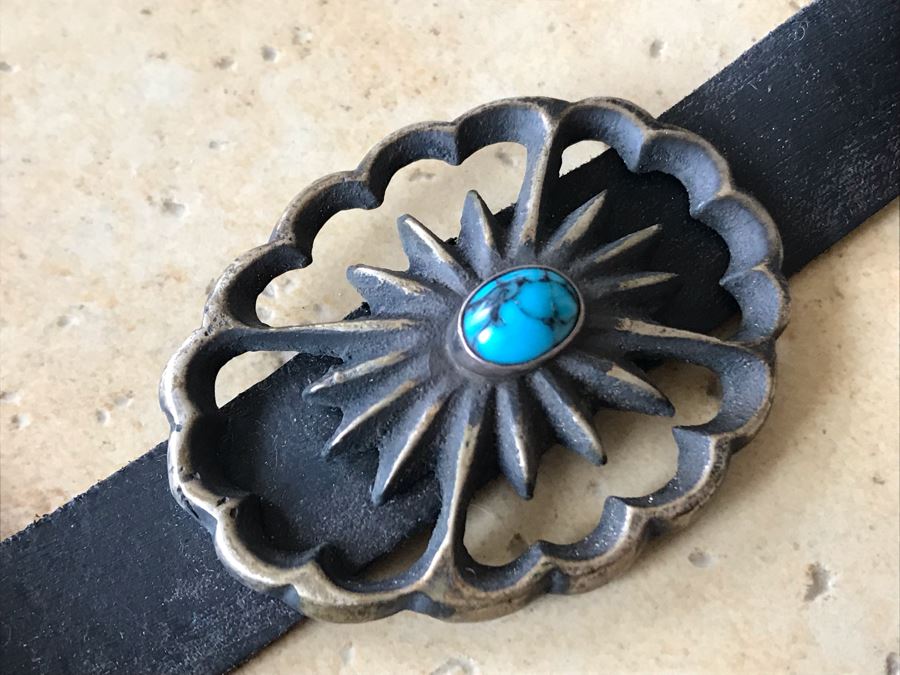 JUST ADDED - Native American Turquoise Silver Concho Belt Purchased From Richardson Trading Co Gallup, NM In 2005 Entire Belt With Leather Weighs 268g [Photo 5]