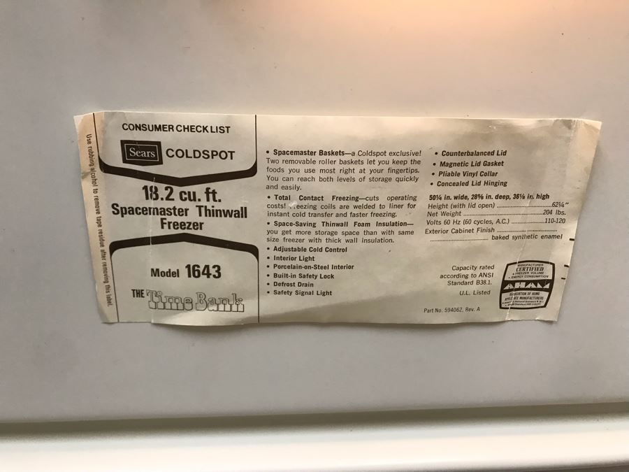 JUST ADDED - Sears Coldspot Freezer 18.2 Cu. Ft. Model 1643 50W X 28D X 36H [Photo 8]