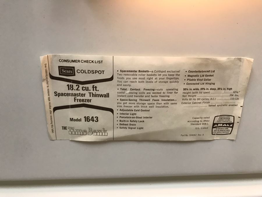 JUST ADDED - Sears Coldspot Freezer 18.2 Cu. Ft. Model 1643 50W X 28D X 36H [Photo 9]