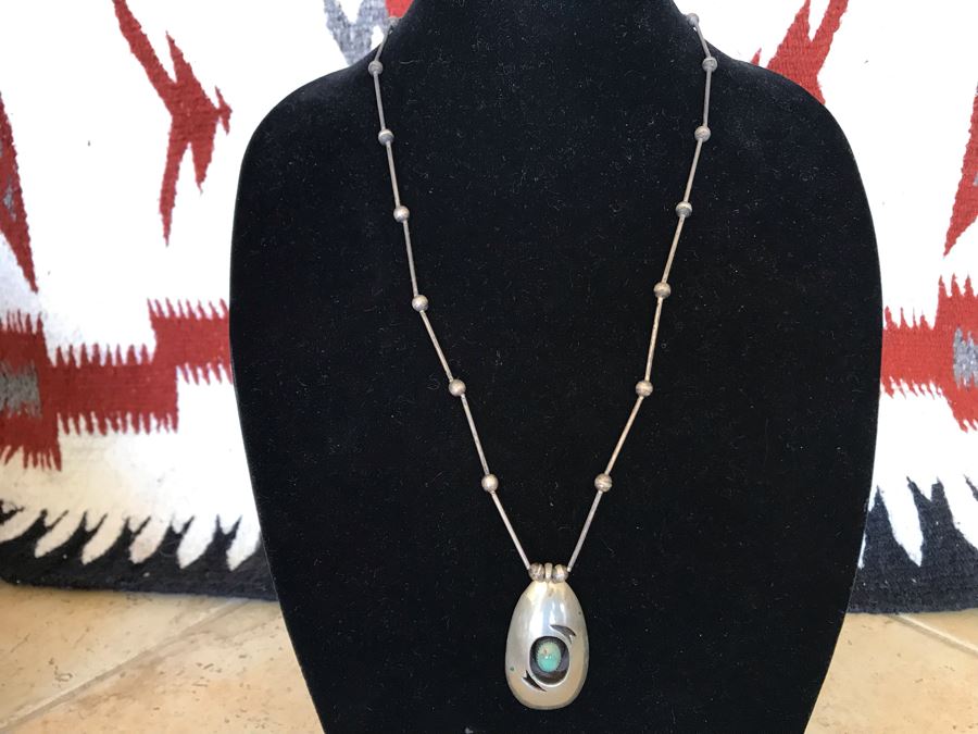 Native American Sterling Silver And Turquoise Pendant Necklace 39.6g [Photo 2]