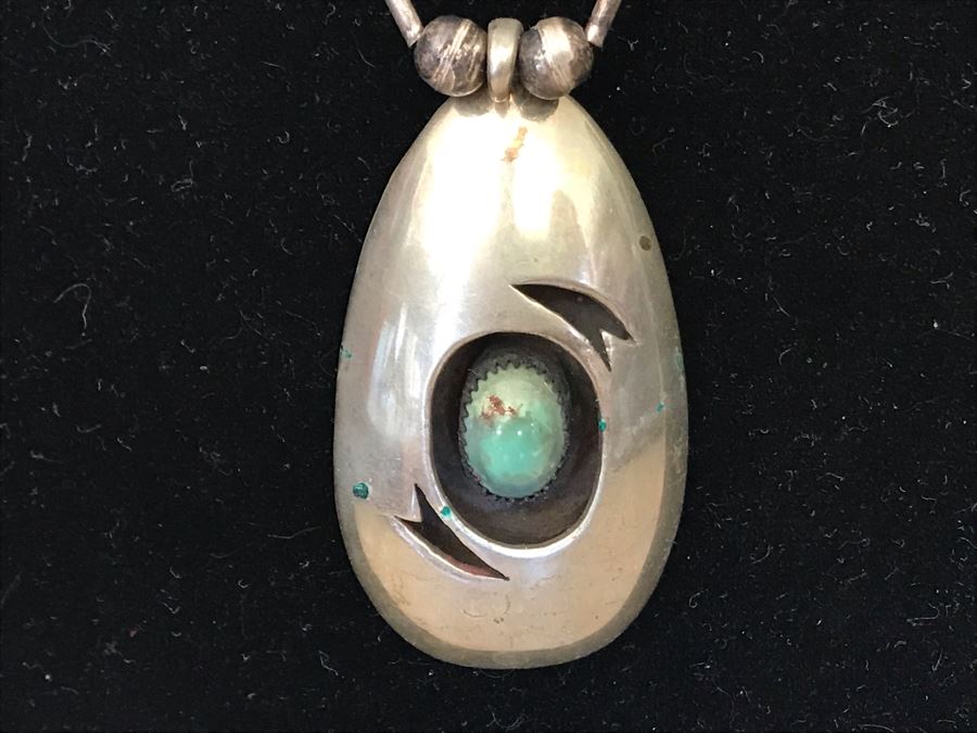 Native American Sterling Silver And Turquoise Pendant Necklace 39.6g [Photo 3]