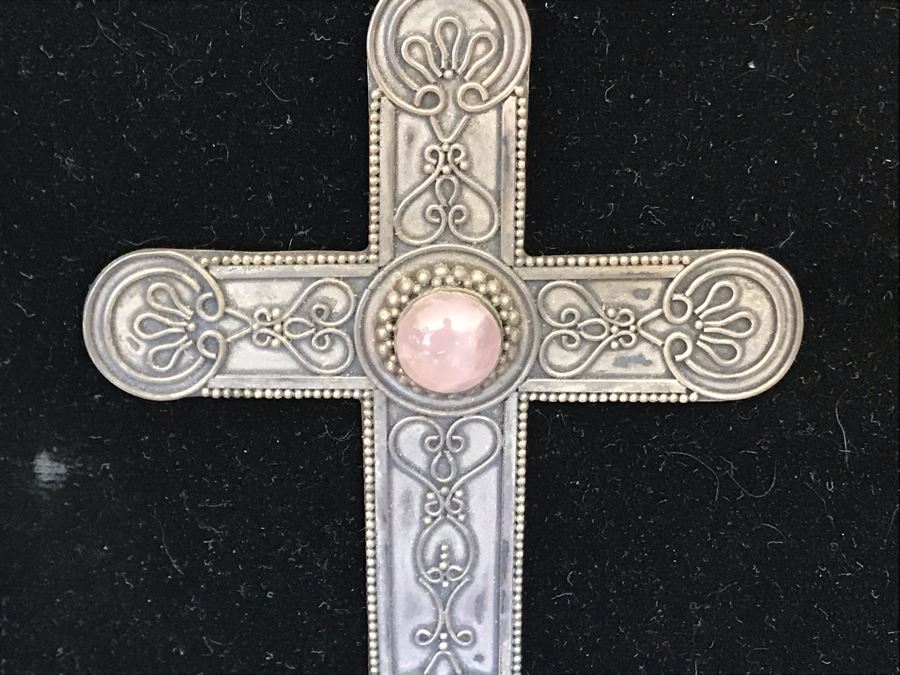Sterling Silver Mexican Cross Pendant With Pink Stone 11.9g [Photo 3]