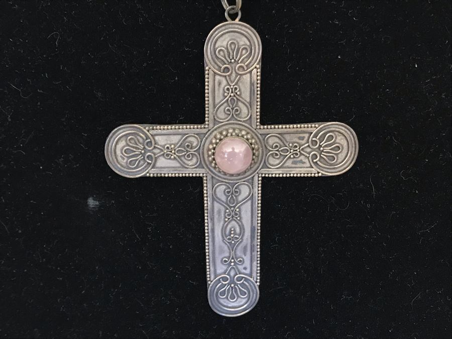 Sterling Silver Mexican Cross Pendant With Pink Stone 11.9g [Photo 1]
