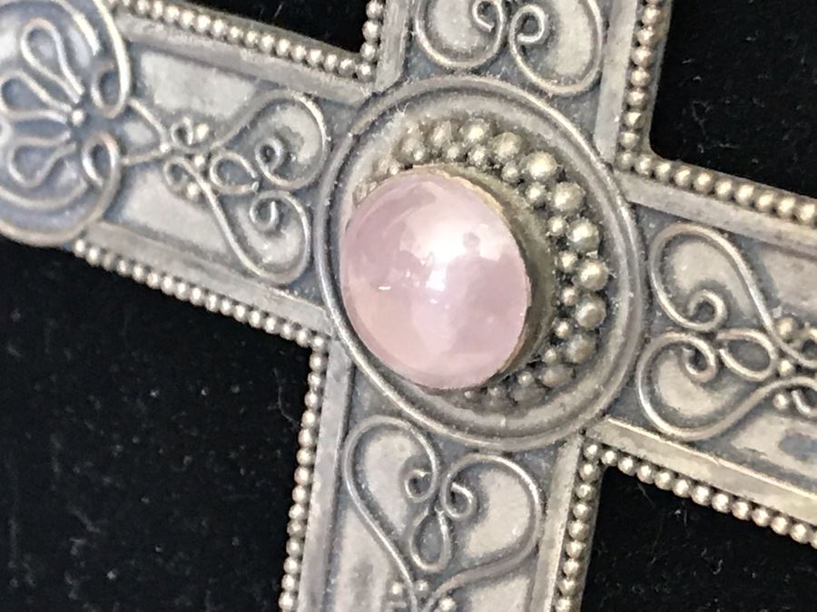 Sterling Silver Mexican Cross Pendant With Pink Stone 11.9g [Photo 4]