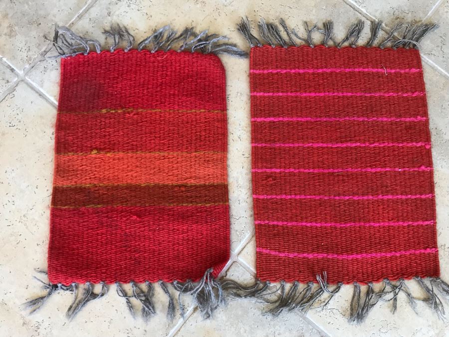 Pair Of Small Handwoven Wool Weavings Unknown Origin 11W X 15H