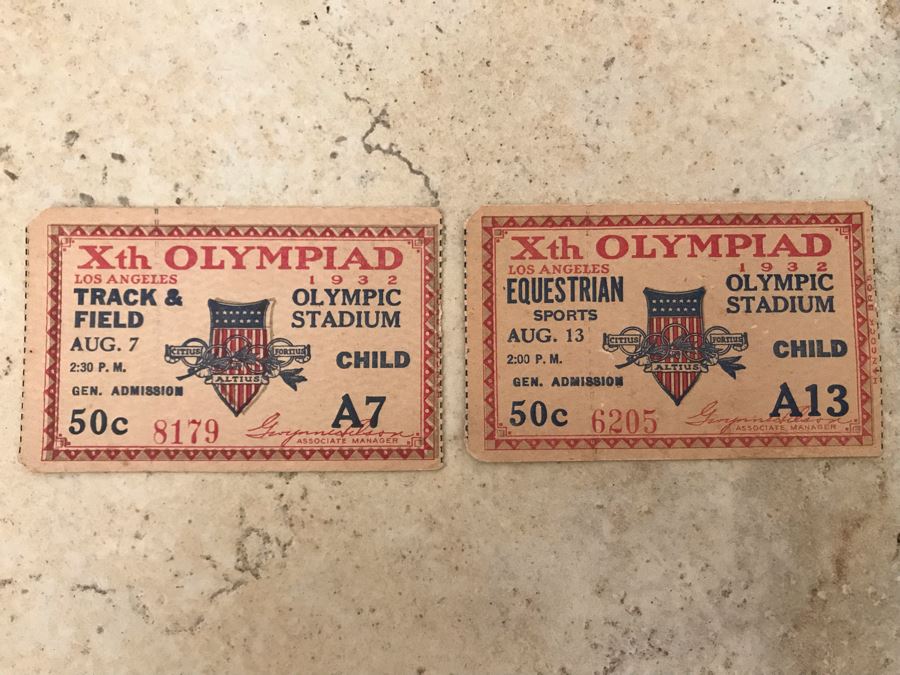 Pair Of Vintage 1933 10th Olympiad Los Angeles Child Tickets For Track & Field And Equestrian Sports