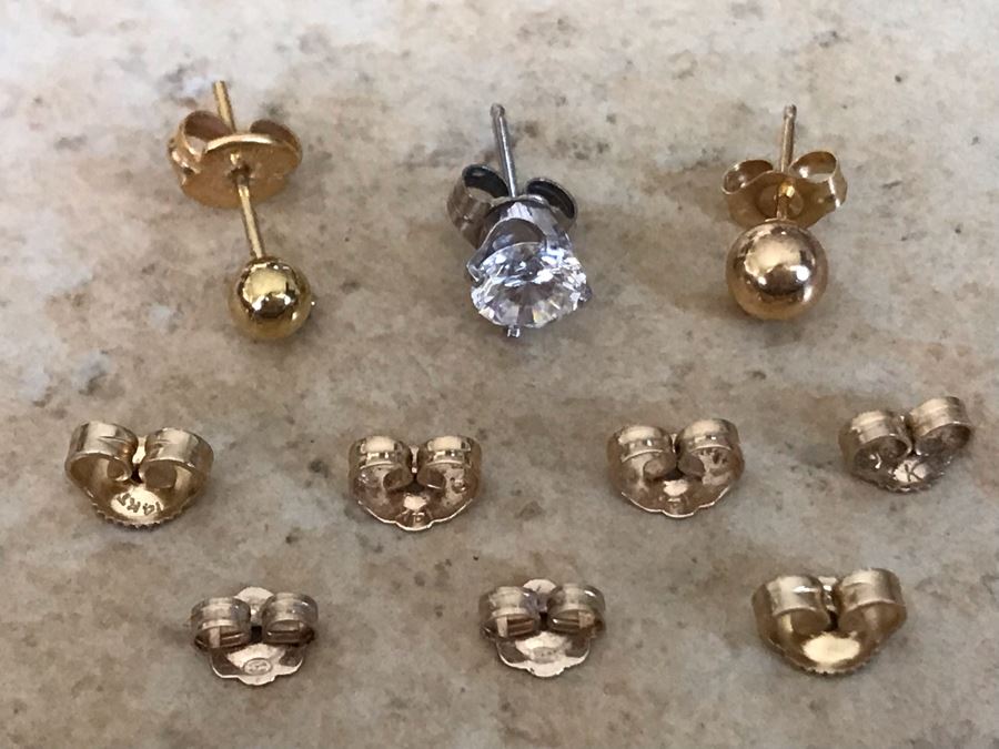 (3) 14K Gold Single Studs Earrings And (7) 14K Gold Earring Backings 2.2g [Photo 1]
