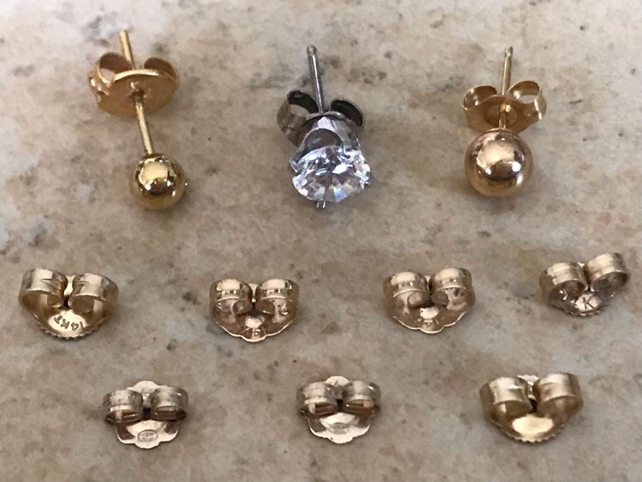 (3) 14K Gold Single Studs Earrings And (7) 14K Gold Earring Backings 2.2g [Photo 2]
