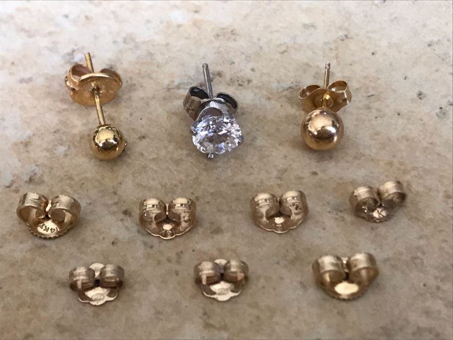 (3) 14K Gold Single Studs Earrings And (7) 14K Gold Earring Backings 2.2g [Photo 3]
