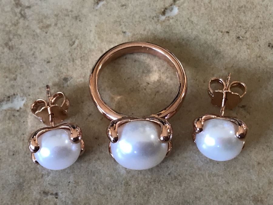 Bronze Milor Italy Pearl Ring Size 6.5 With Matching Pearl Earrings [Photo 2]