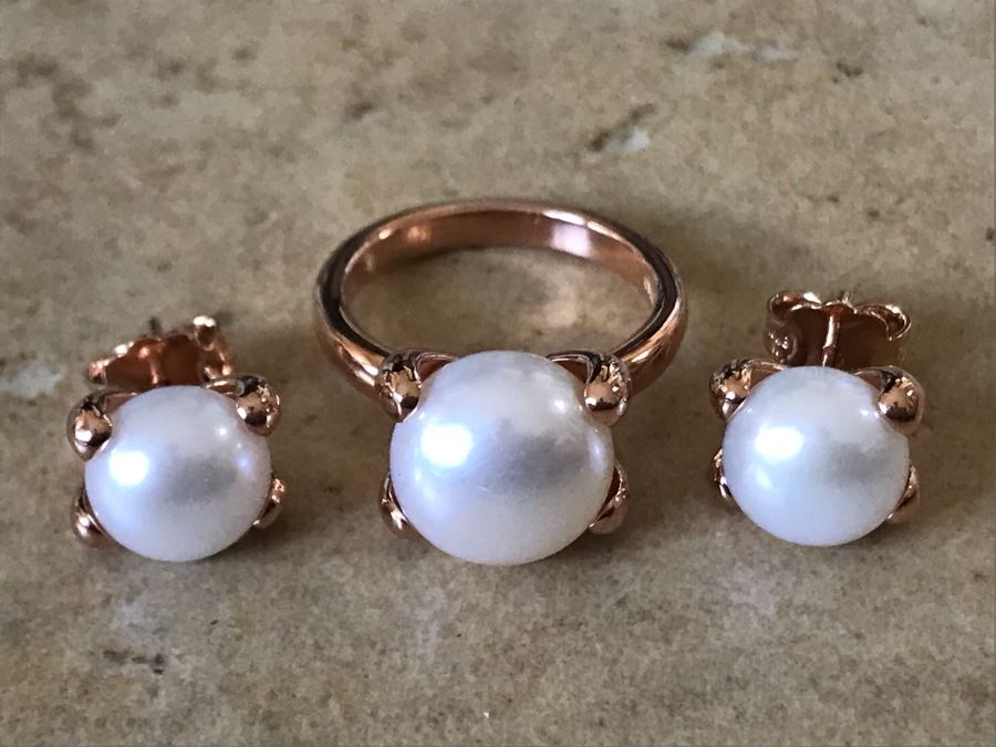 Bronze Milor Italy Pearl Ring Size 6.5 With Matching Pearl Earrings
