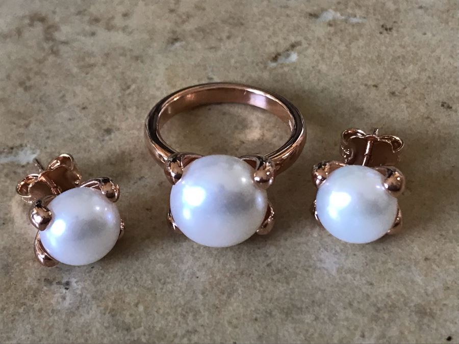 Bronze Milor Italy Pearl Ring Size 6.5 With Matching Pearl Earrings [Photo 3]