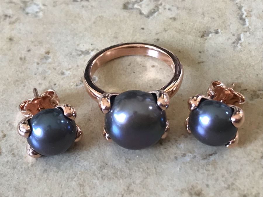 Bronze Milor Italy Pearl Ring Size 6.5 With Matching Pearl Earrings [Photo 2]