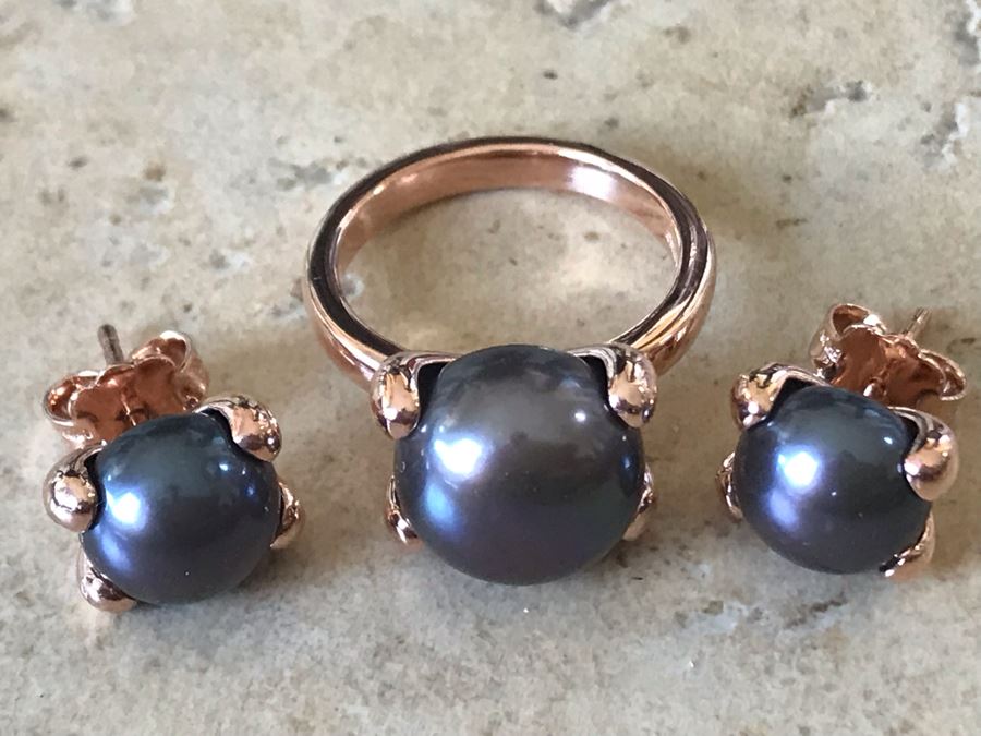 Bronze Milor Italy Pearl Ring Size 6.5 With Matching Pearl Earrings