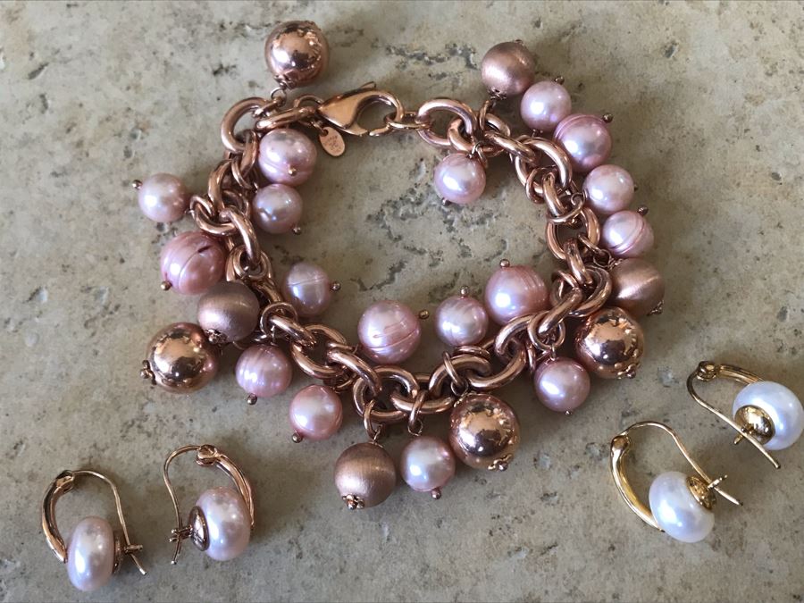 Bronze Milor Italy Pearl Bracelet And Pair Of Bronze Milor Italy Pearl Earrings [Photo 1]