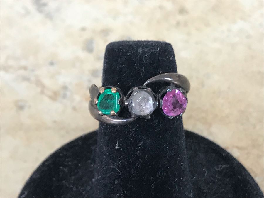 Emerald, Pink Sapphire And Diamond Base Metal Ring Size 4.5 With Ring Spacer [Photo 1]