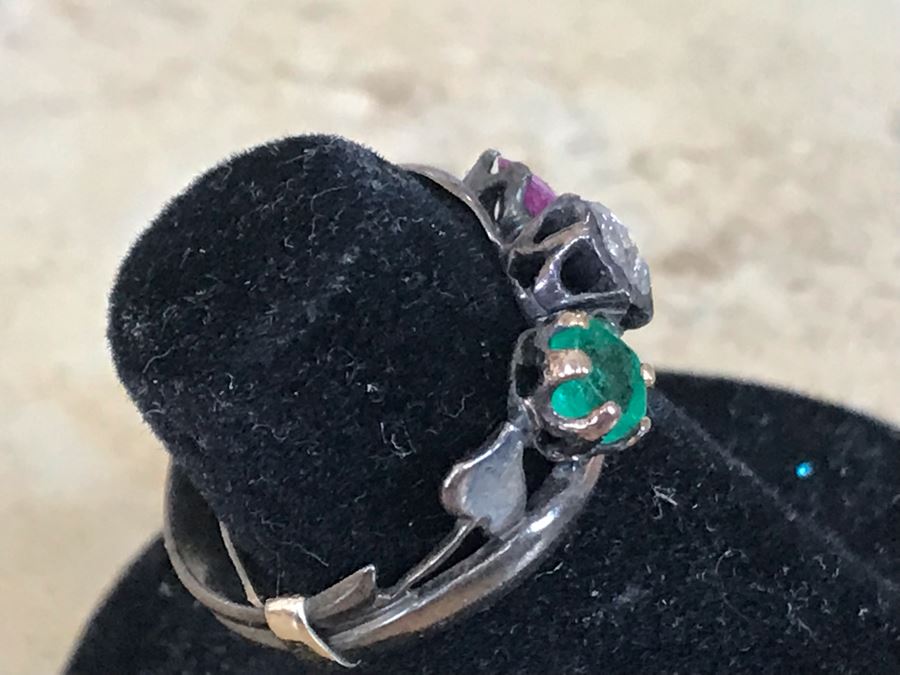 Emerald, Pink Sapphire And Diamond Base Metal Ring Size 4.5 With Ring Spacer [Photo 8]