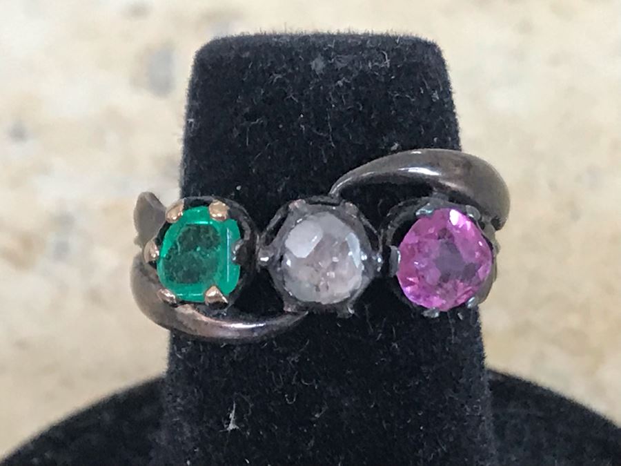 Emerald, Pink Sapphire And Diamond Base Metal Ring Size 4.5 With Ring Spacer [Photo 2]