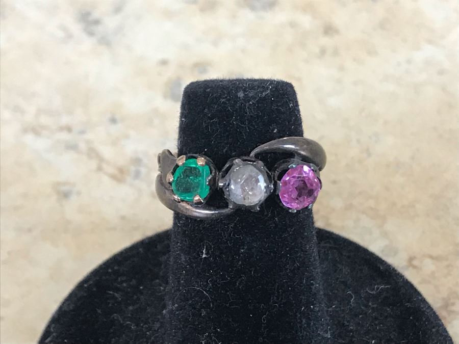 Emerald, Pink Sapphire And Diamond Base Metal Ring Size 4.5 With Ring Spacer [Photo 3]