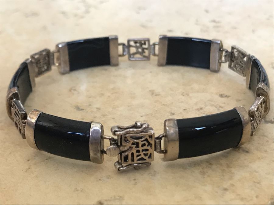 Sterling Silver Onyx Asian Bracelet 11.5g [Photo 3]