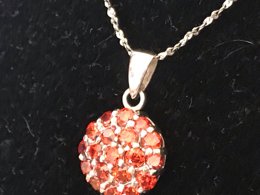 Sterling Silver Pendant With Red Stones And Sterling Silver Chain Necklace 4.5g [Photo 3]