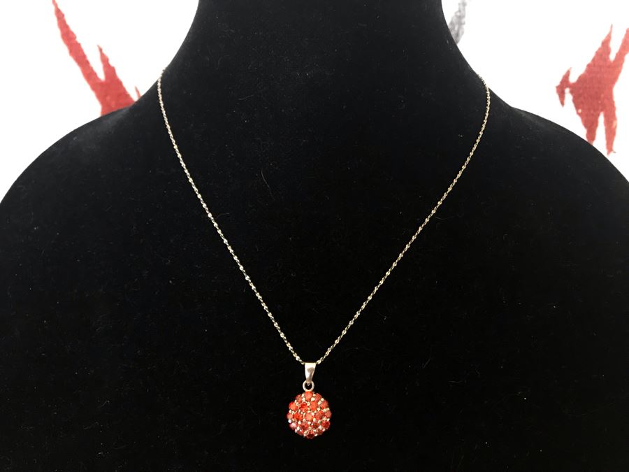 Sterling Silver Pendant With Red Stones And Sterling Silver Chain Necklace 4.5g [Photo 2]