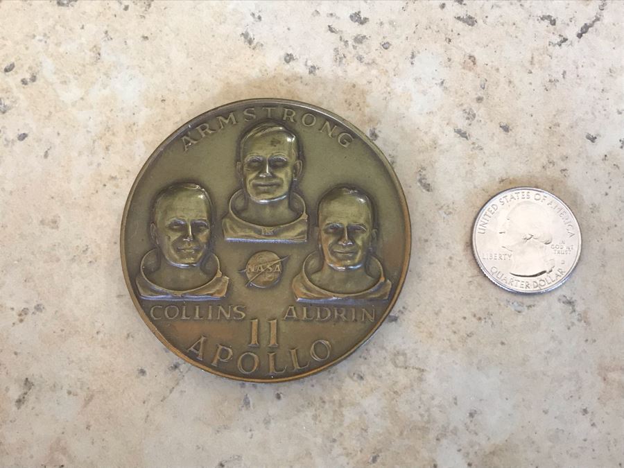 Vintage Bronze Medallion Of Apollo 11 Man's First Lunar Landing July 20-21 1969 Armstrong Collins Aldrin NASA 2.5'Dia [Photo 5]