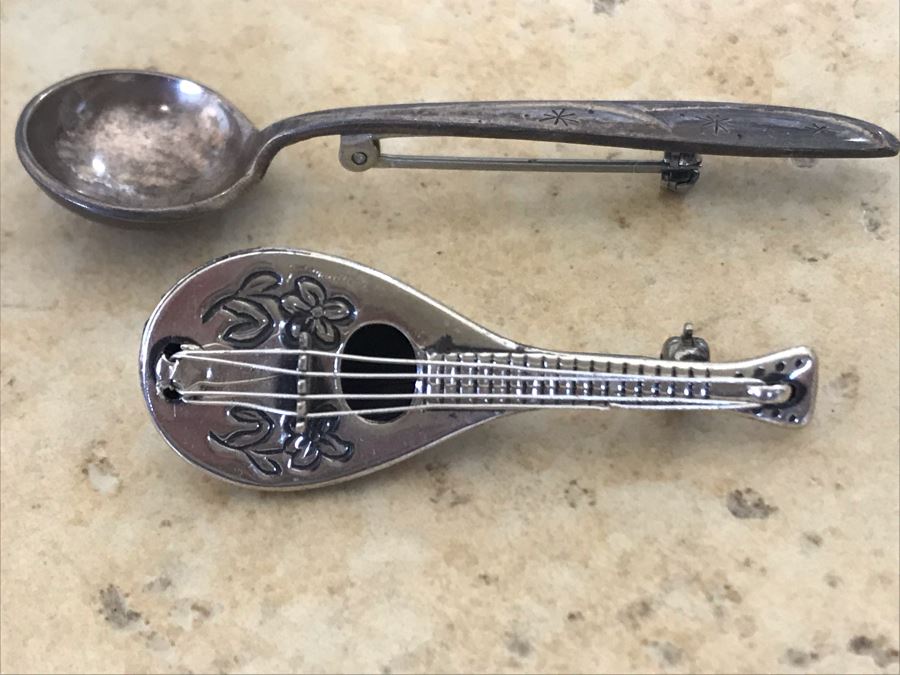 Pair Of Vintage Sterling Silver Brooches Pins 7.6g [Photo 2]