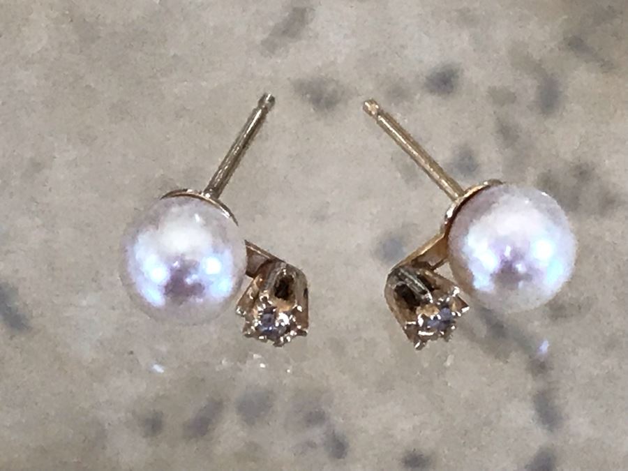 14K Akoya Pearls With Diamonds Earrings [Photo 9]