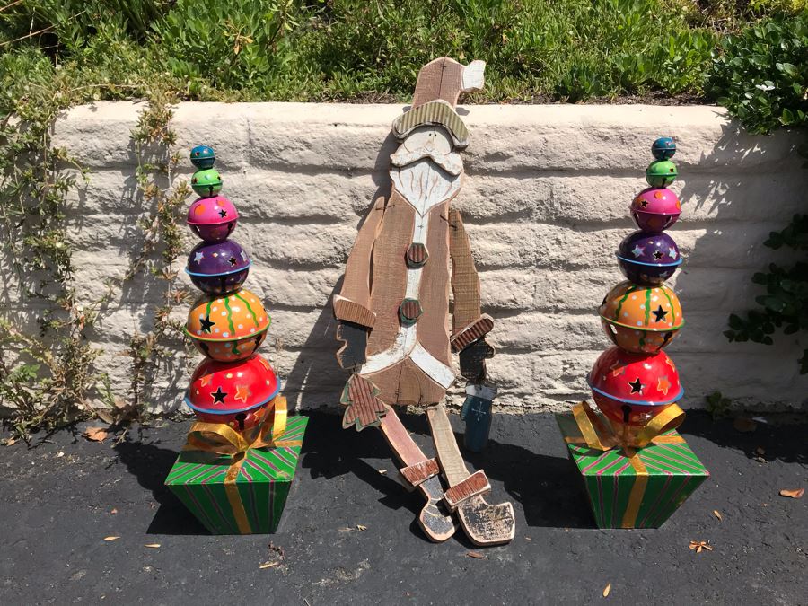LAST MINUTE ADD - Pair Of Metal Christmas Tree Decorations And Wooden Santa Claus Wall Hanging [Photo 1]