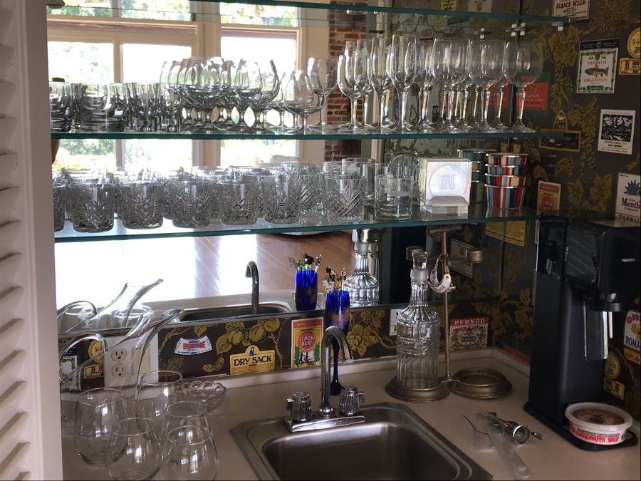LAST MINUTE ADD - Crystal Barware Glasses, Liquour Decanter, SoadStream - All Items On Shelves And Bar Counter