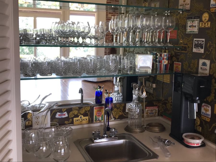 LAST MINUTE ADD - Crystal Barware Glasses, Liquour Decanter, SoadStream - All Items On Shelves And Bar Counter [Photo 2]