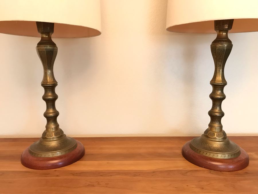 Pair Of Mid-Century Moroccan Style Chased Brass Table Lamps [Photo 1]