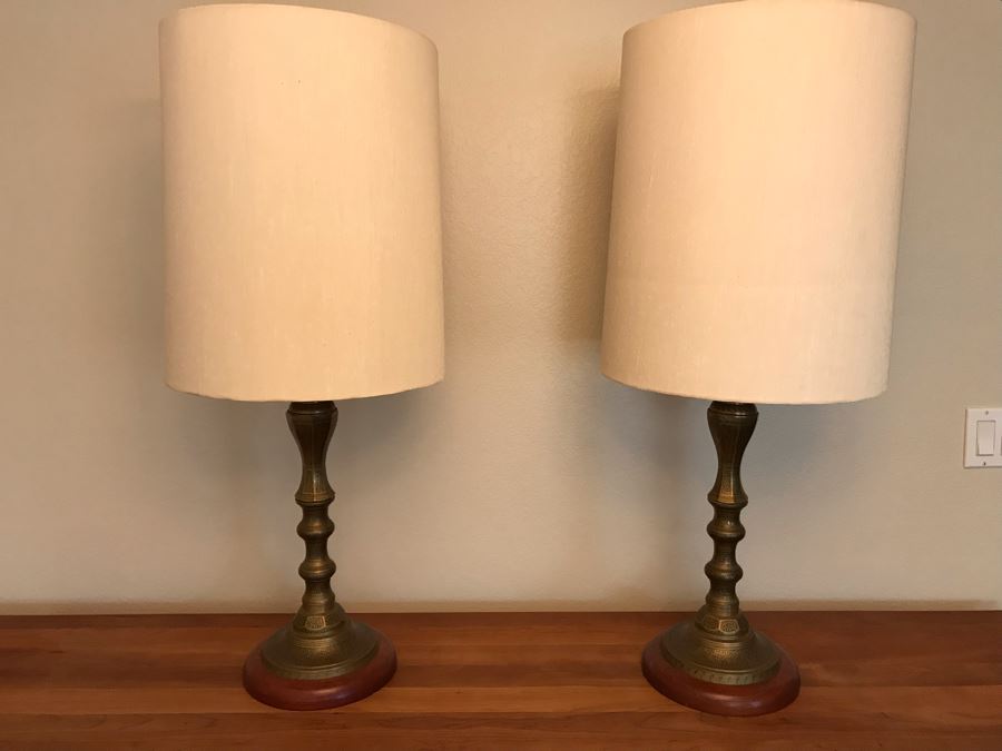 Pair Of Mid-Century Moroccan Style Chased Brass Table Lamps [Photo 5]