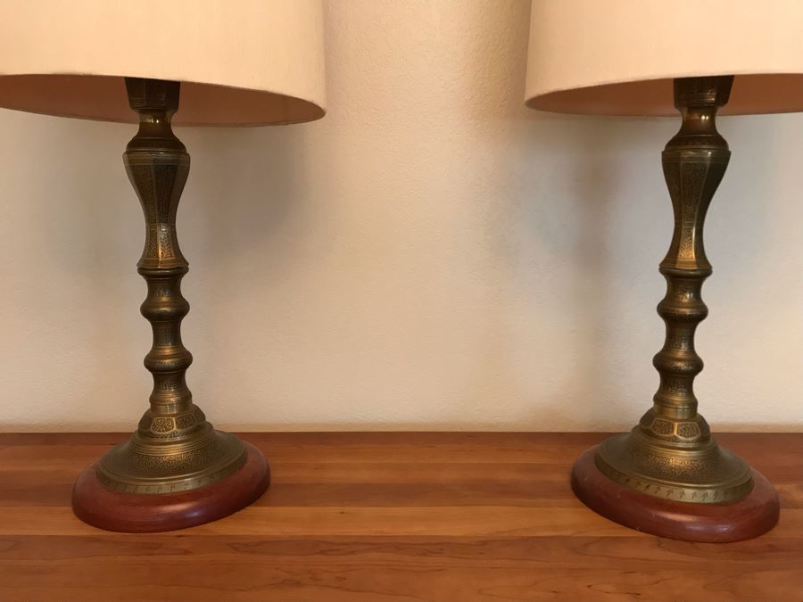 Pair Of Mid-Century Moroccan Style Chased Brass Table Lamps [Photo 7]