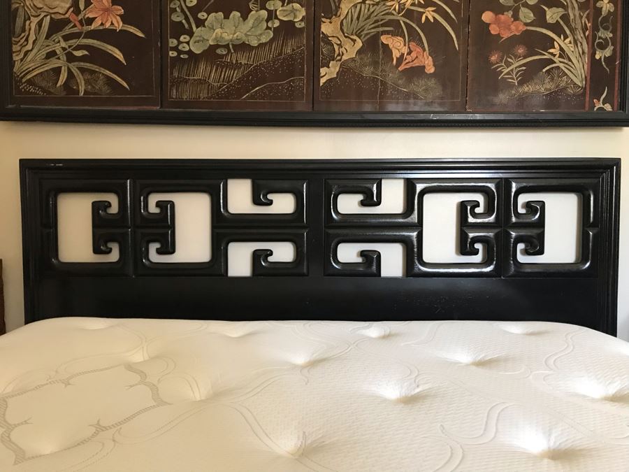 Black Wooden Asian Headboard Only (No Bed Rails) [Photo 1]