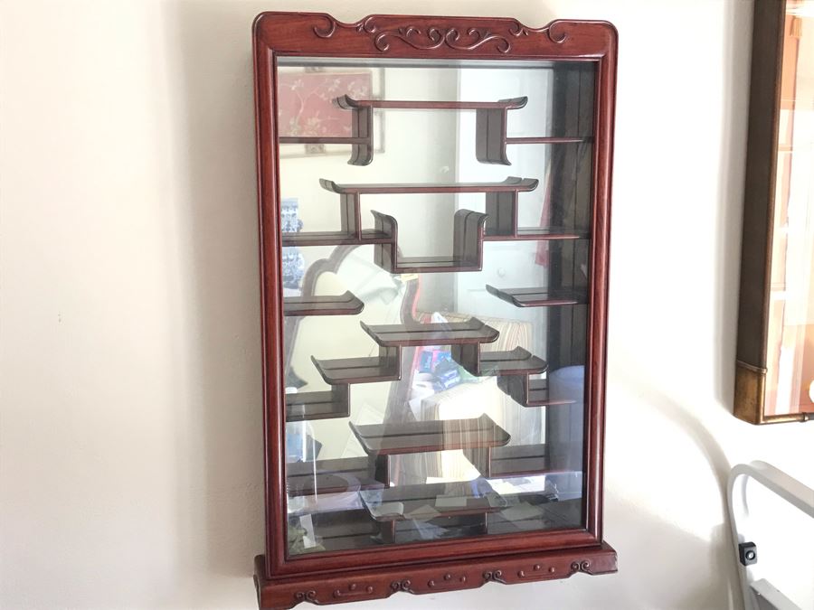 Rosewood Netsuke Display Wall Curio Cabinet Stand With Locking Front Door (Have Key) [Photo 4]