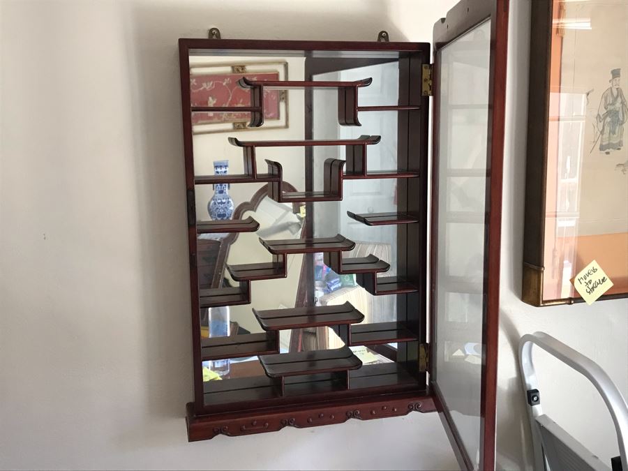 Rosewood Netsuke Display Wall Curio Cabinet Stand With Locking Front Door (Have Key) [Photo 12]