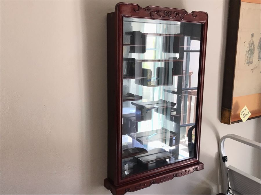 Rosewood Netsuke Display Wall Curio Cabinet Stand With Locking Front Door (Have Key) [Photo 3]