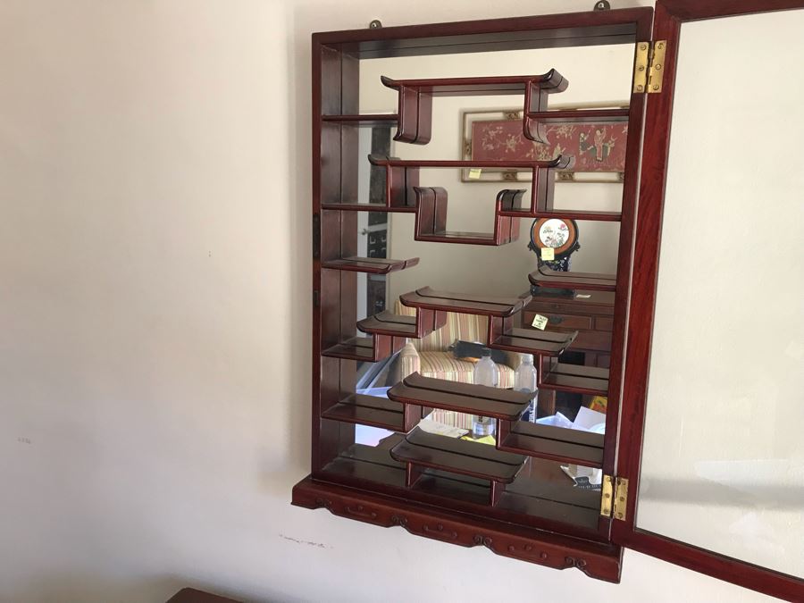 Rosewood Netsuke Display Wall Curio Cabinet Stand With Locking Front Door (Have Key) [Photo 15]