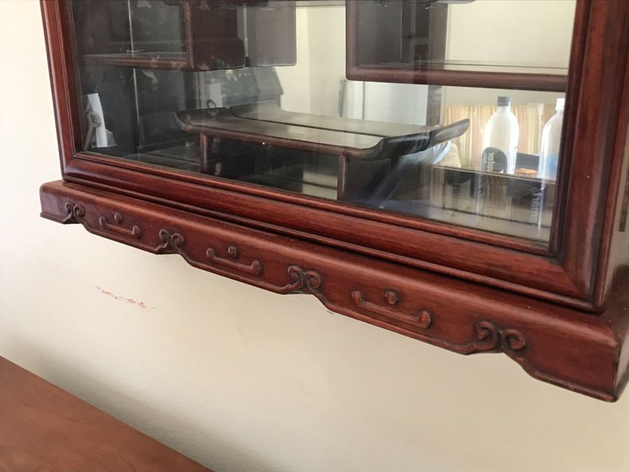 Rosewood Netsuke Display Wall Curio Cabinet Stand With Locking Front Door (Have Key) [Photo 8]