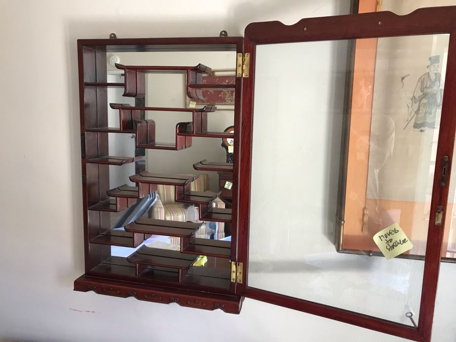 Rosewood Netsuke Display Wall Curio Cabinet Stand With Locking Front Door (Have Key) [Photo 13]