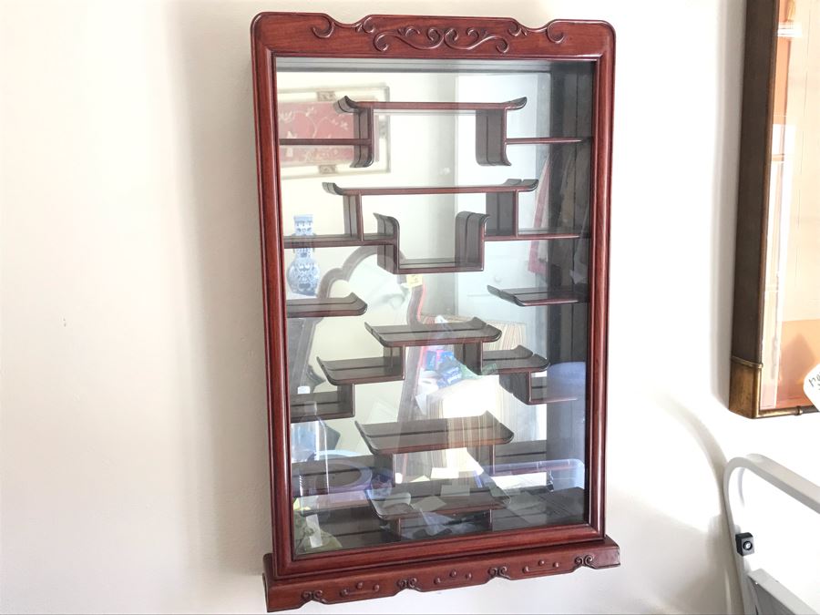 Rosewood Netsuke Display Wall Curio Cabinet Stand With Locking Front Door (Have Key) [Photo 1]