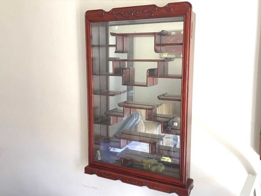 Rosewood Netsuke Display Wall Curio Cabinet Stand With Locking Front Door (Have Key) [Photo 7]
