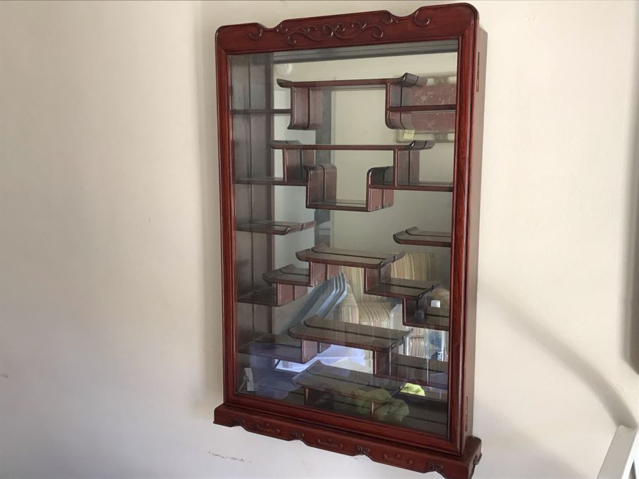 Rosewood Netsuke Display Wall Curio Cabinet Stand With Locking Front Door (Have Key) [Photo 6]