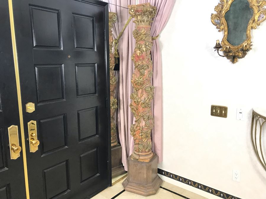 Antique Italian Carved Wooden Gilded Column Grape Motif 12W X 66H Sitting On Modern Base 16W X 14H [Photo 2]
