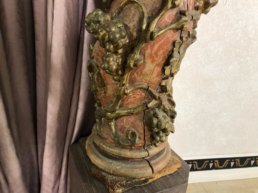 Antique Italian Carved Wooden Gilded Column Grape Motif 12W X 66H Sitting On Modern Base 16W X 14H [Photo 14]