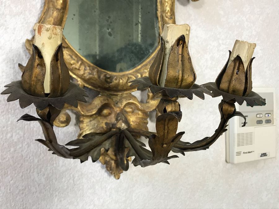 Pair Of Antique Rococo Gilded Italian Wall Mirror Candle Sconces Carved Wooden 20W X 35H - See Photos [Photo 13]