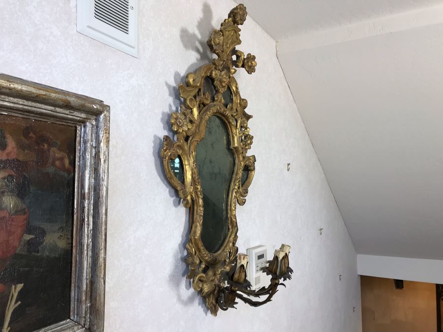Pair Of Antique Rococo Gilded Italian Wall Mirror Candle Sconces Carved Wooden 20W X 35H - See Photos [Photo 19]